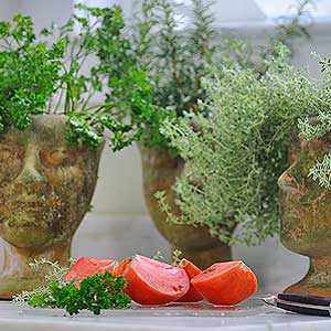 Herbs planted in head-shaped pots for growing indoors.
