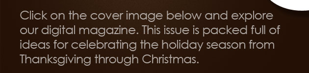 Click on the cover image below and explore our dgital magazine.  This issue is packed full of ideas for celebrating the holiday season form Thanksgiving through Christmas.